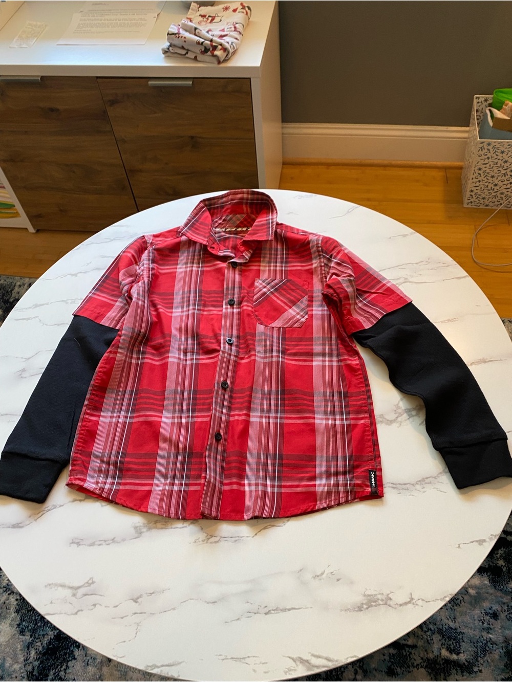 Tony Hawk Red Plaid Button-Down Shirt with Black Sleeve Accents